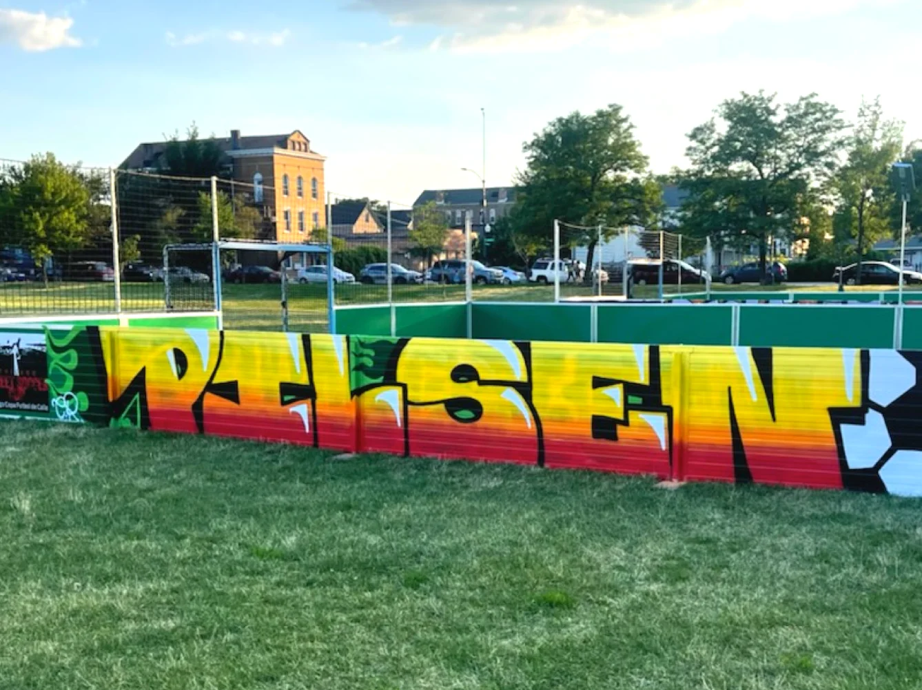 Soccer pitch with spray painted urban art